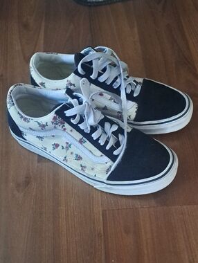 Vans Floral Canvas Low-Top Sneakers in Black, White, and Cream